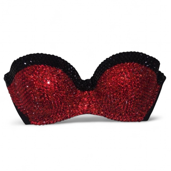 Jet Black Crystal & Siam Red Fancy Strapless Bralet All Sizes New - Picture 1 of 9